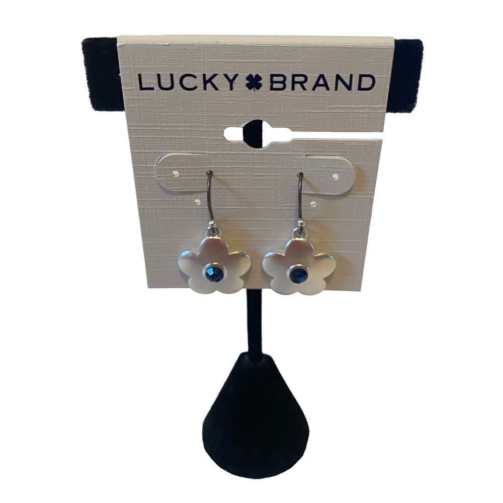 Matte Silver & Dk Blue Crystal Daisy Drop Earrings.